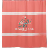 珊瑚の装飾のティール(緑がかった色)のイニシャルの白のストライプ家族 シャワーカーテン (正面)