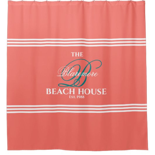 珊瑚の装飾のティール(緑がかった色)のイニシャルの白のストライプ家族 シャワーカーテン (正面)