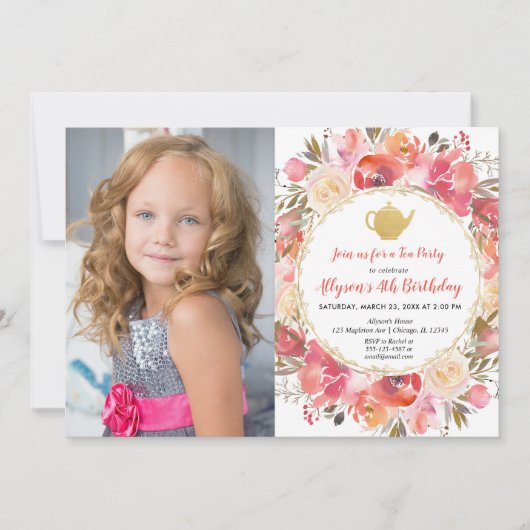 珊瑚の赤面のピンクの花のお茶会の誕生日の写真 招待状 (正面)