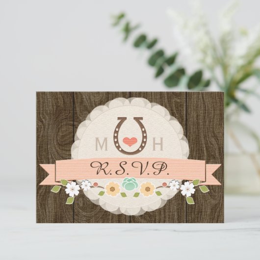珊瑚の蹄鉄の西部の結婚RSVPカード 出欠カード (スタンド正面)