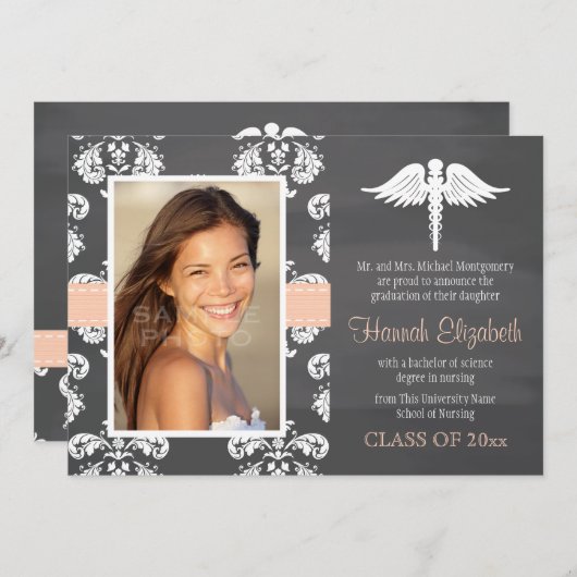 珊瑚の黒板の看護専門学校の卒業 招待状 (正面/裏面)