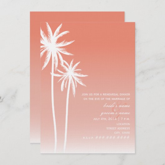 珊瑚のOmbréのヤシの木のビーチのリハーサルの夕食 招待状 (正面/裏面)