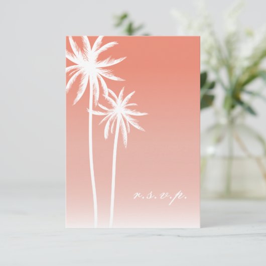 珊瑚のOmbréのヤシの木のビーチ結婚式RSVP 出欠カード (スタンド正面)