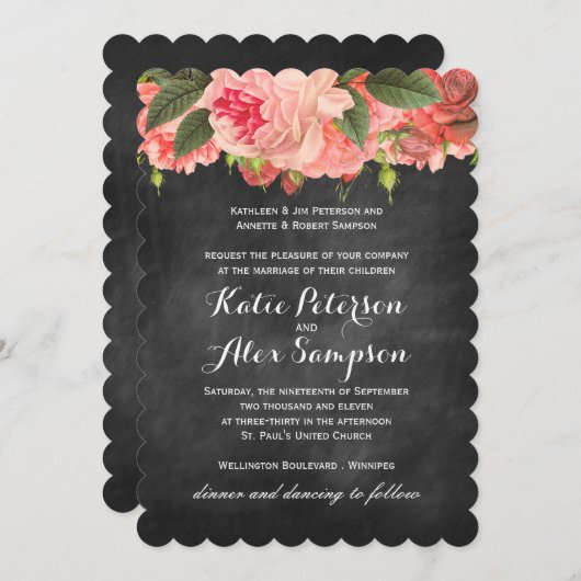 珊瑚のPeonieの黒板の結婚式招待状 招待状 (正面/裏面)