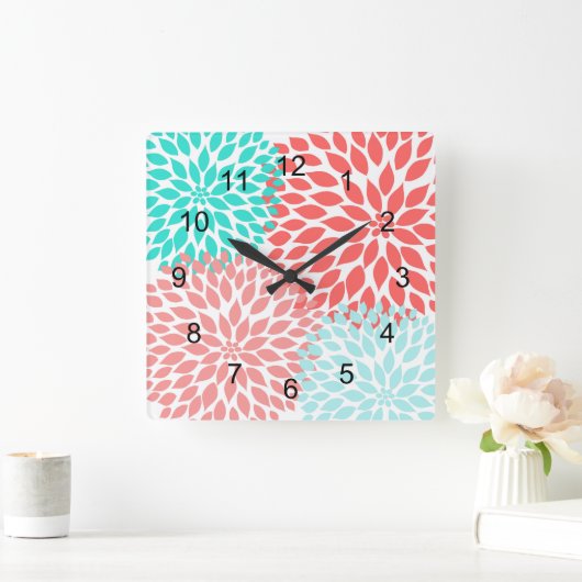 珊瑚のSeafoamのティール(緑がかった色)のダリアの家の装飾の柱時計 スクエア壁時計 (ホーム)