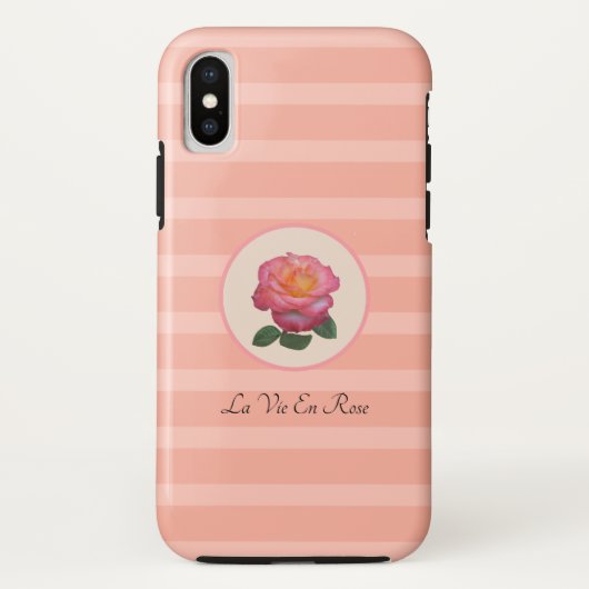 珊瑚ピンクのストライプに可愛い薔薇の花 Case-Mate iPhoneケース (裏面)