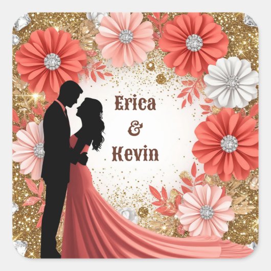 💍 珊瑚フラワーモチーフ ゴールド 結婚指輪💍 スクエアシール (正面)