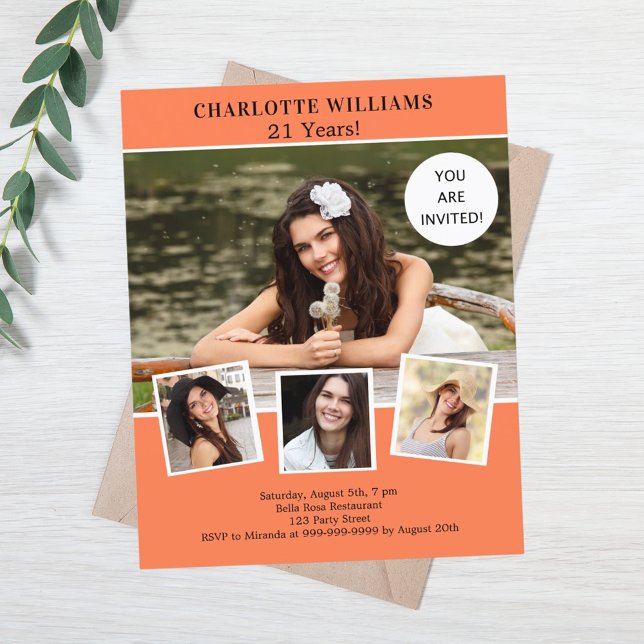 珊瑚写真コラージュ誕生日の招待状 (クリエイターアップロード済み)