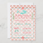 珊瑚及びティール(緑がかった色)の人魚のベビーシャワーの招待状 招待状 (正面)