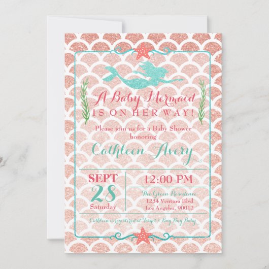 珊瑚及びティール（緑がかった色）の人魚のベビーシャワーの招待状 招待状 (正面)