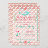 珊瑚及びティール（緑がかった色）の人魚のベビーシャワーの招待状 招待状 (正面/裏面)