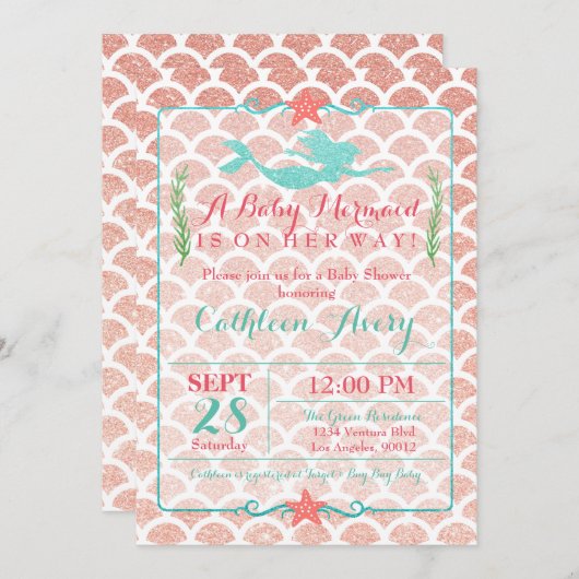珊瑚及びティール（緑がかった色）の人魚のベビーシャワーの招待状 招待状 (正面/裏面)