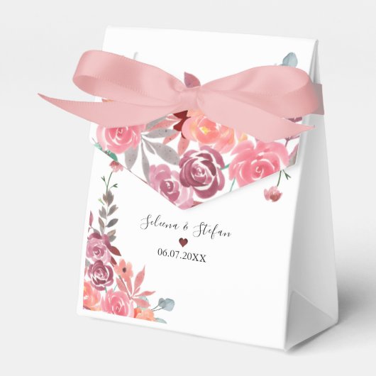 珊瑚桃の水色のフローラ結婚ケーキ フェイバーボックス (正面サイド)