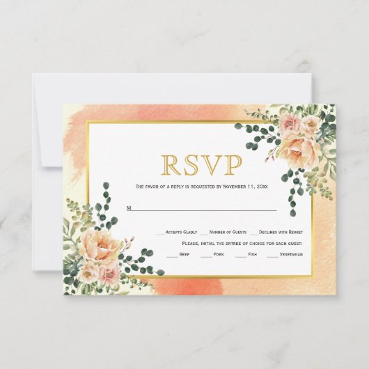 珊瑚桃の水色の花フローラ結婚ズ 出欠カード (正面)