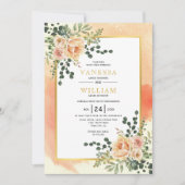 珊瑚桃の水色の花フローラ結婚ズ 招待状 (正面)