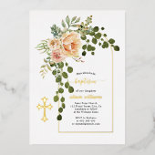 珊瑚桃の花とアーチフローラバプテスマ金ゴールド 箔招待状 (正面)