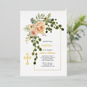 珊瑚桃の花とアーチフローラバプテスマ金ゴールド 箔招待状 (立ち正面)