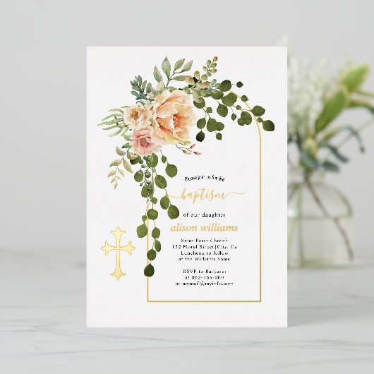 珊瑚桃の花とアーチフローラバプテスマ金ゴールド 箔招待状 (立ち正面)