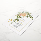 珊瑚桃の花とアーチフローラバプテスマ金ゴールド 箔招待状 (回転した状態)