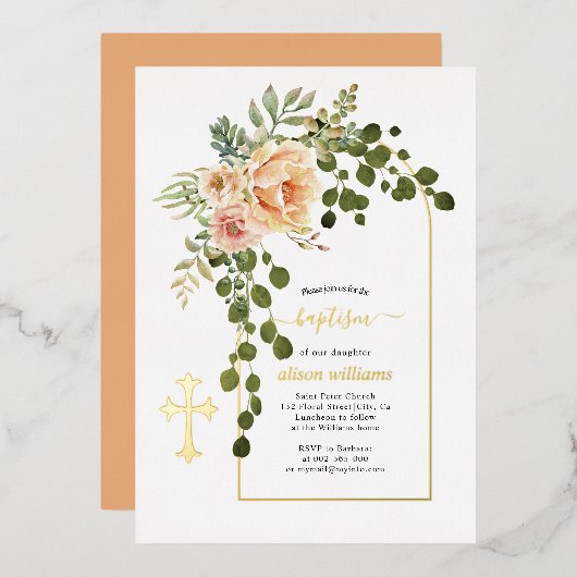 珊瑚桃の花とアーチフローラバプテスマ金ゴールド 箔招待状 (正面/裏面)
