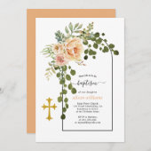 珊瑚桃の花とアーチフローラバプテスマ 招待状 (正面/裏面)