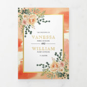 珊瑚桃の花葉フローラ冬の結婚式 三つ折り招待状 (カバー)