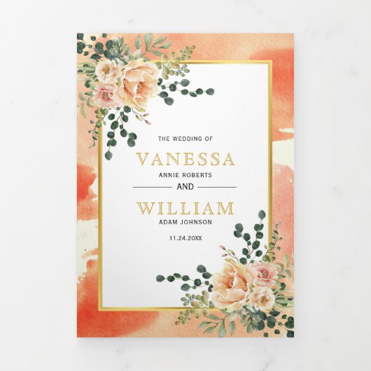 珊瑚桃の花葉フローラ冬の結婚式 三つ折り招待状 (カバー)