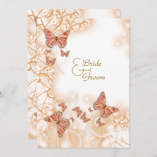 珊瑚桃金ゴールド結婚婚約記念日 招待状 (正面/裏面)