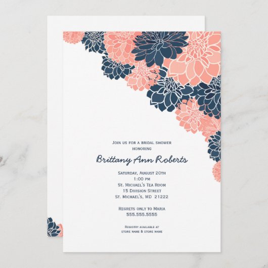 珊瑚海軍ダリアのブライダルシャワーの招待 招待状 (正面/裏面)