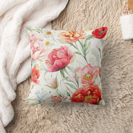 珊瑚牡丹の花、白いカモミールの花 クッション (ブランケット)