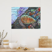 珊瑚礁で泳ぐウミガメ ポスター (キッチン)