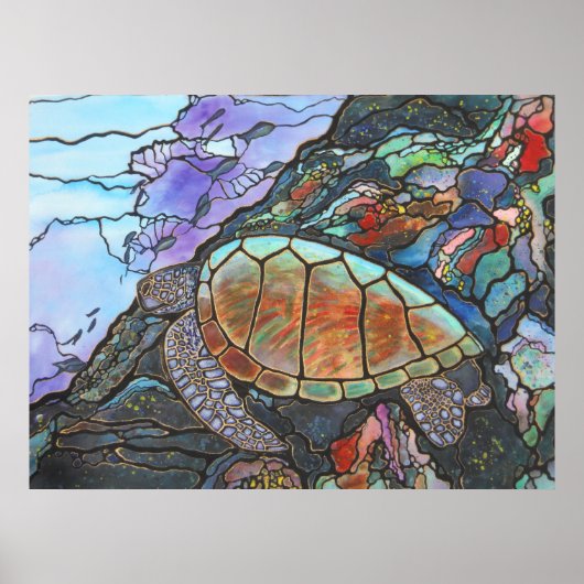 珊瑚礁で泳ぐウミガメ ポスター (正面)