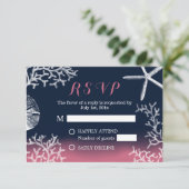 珊瑚礁のヒトデ海軍ピンクのビーチ結婚式RSVP 出欠カード (スタンド正面)