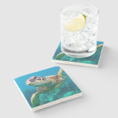 珊瑚礁|Hawaiiに泳いでいる緑のウミガメ ストーンコースター (横)