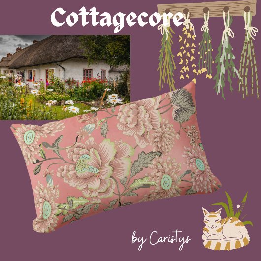 珊瑚背景にピンク色の青い花を ランバークッション