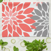 珊瑚色と灰色の菊の花模様 キッチンタオル (折り畳み)
