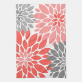 珊瑚色と灰色の菊の花模様 キッチンタオル (縦)