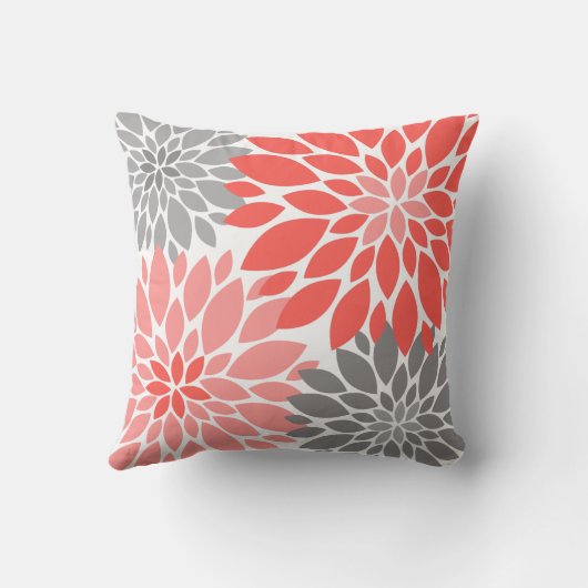 珊瑚色と灰色の菊の花模様 クッション (裏面)