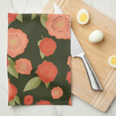 珊瑚色の花茶タオル キッチンタオル (四つ折り)