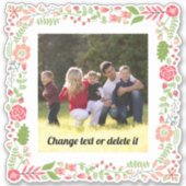 珊瑚色ピンクと緑のフローラフレームと写真 シール (正面)