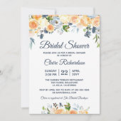 珊瑚色桃色ネイビー水彩花柄 ブライダルシャワー 招待状 (正面)