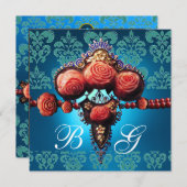 珊瑚赤バラ,アクアブルーブラックダマスクモノグラム 招待状 (正面/裏面)