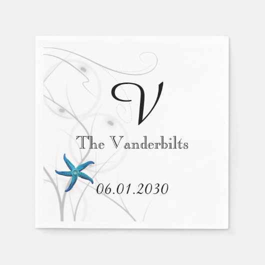 珊瑚銀の青い結婚ヒトデ スタンダードカクテルナプキン (正面)