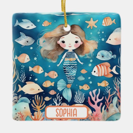 珊瑚魚が海に浮かぶ、かわいい人魚 セラミックオーナメント (正面)