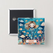 珊瑚魚が海に浮かぶ、かわいい人魚 缶バッジ (正面&裏面)