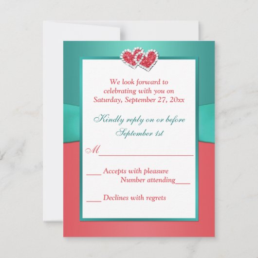 珊瑚、ティール（緑がかった色）の花柄はハートRSVPカードを結合しました 出欠カード (裏面)