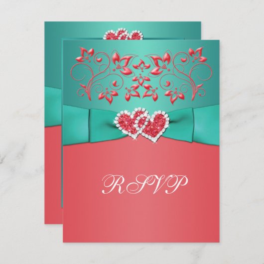 珊瑚、ティール(緑がかった色)の花柄はハートRSVPカードを結合しました 出欠カード (正面/裏面)