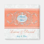 珊瑚、水および灰色のダマスク織の結婚式の引き出物の磁石 マグネット (正面)