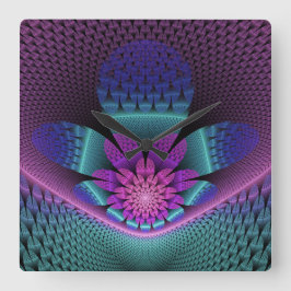 珍しいパターン（の模様が）あるファンタジーカラフルフラワーフラクタル スクエア壁時計