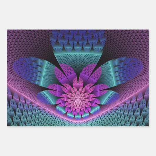 珍しいパターン（の模様が）あるファンタジーカラフルフラワーフラクタル ラッピングペーパーシート (正面3)